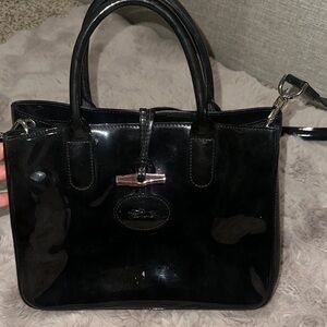 Longchamp Black Patent Leather Satchel bag purse crossbody handbag chic cbk